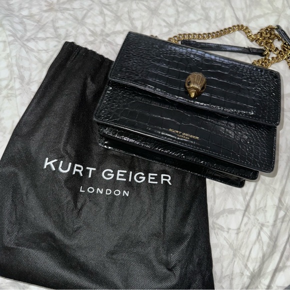 Kurt Geiger London Croc-Embossed Leather Shoulder Bag • Gold Chain • Black - Picture 4 of 7